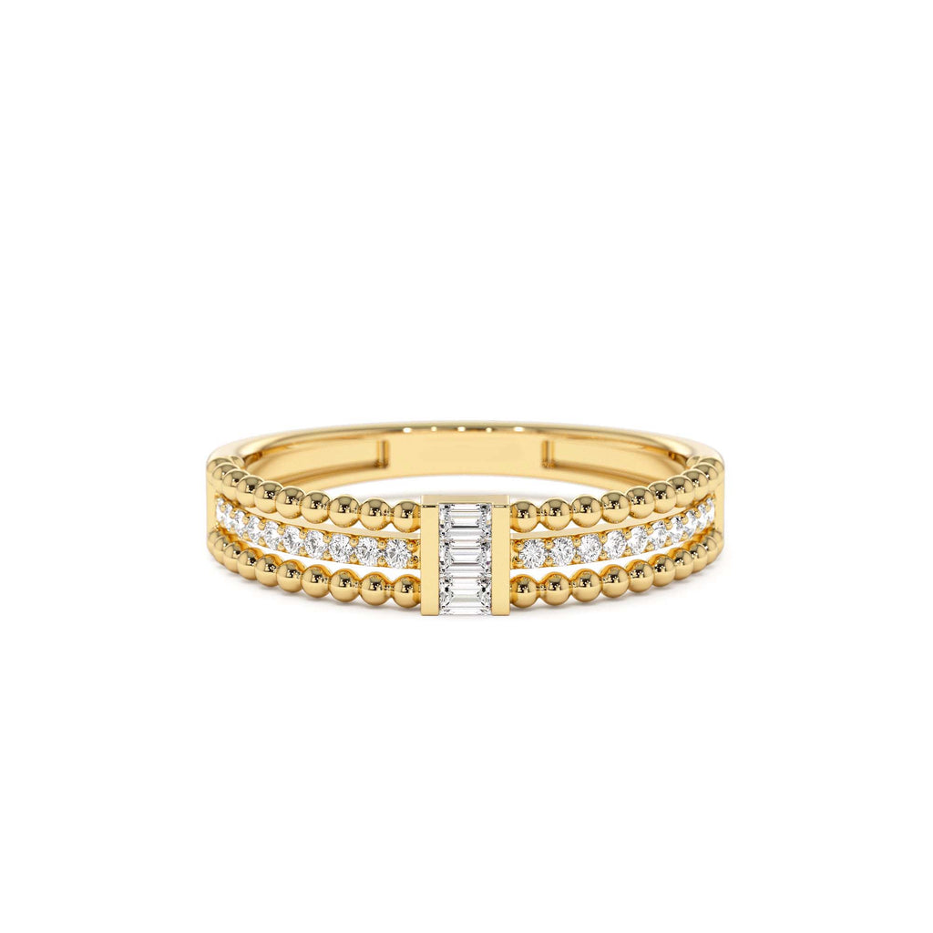 Beaded Baguette and Round Diamond Ring in 14K Gold — view 1