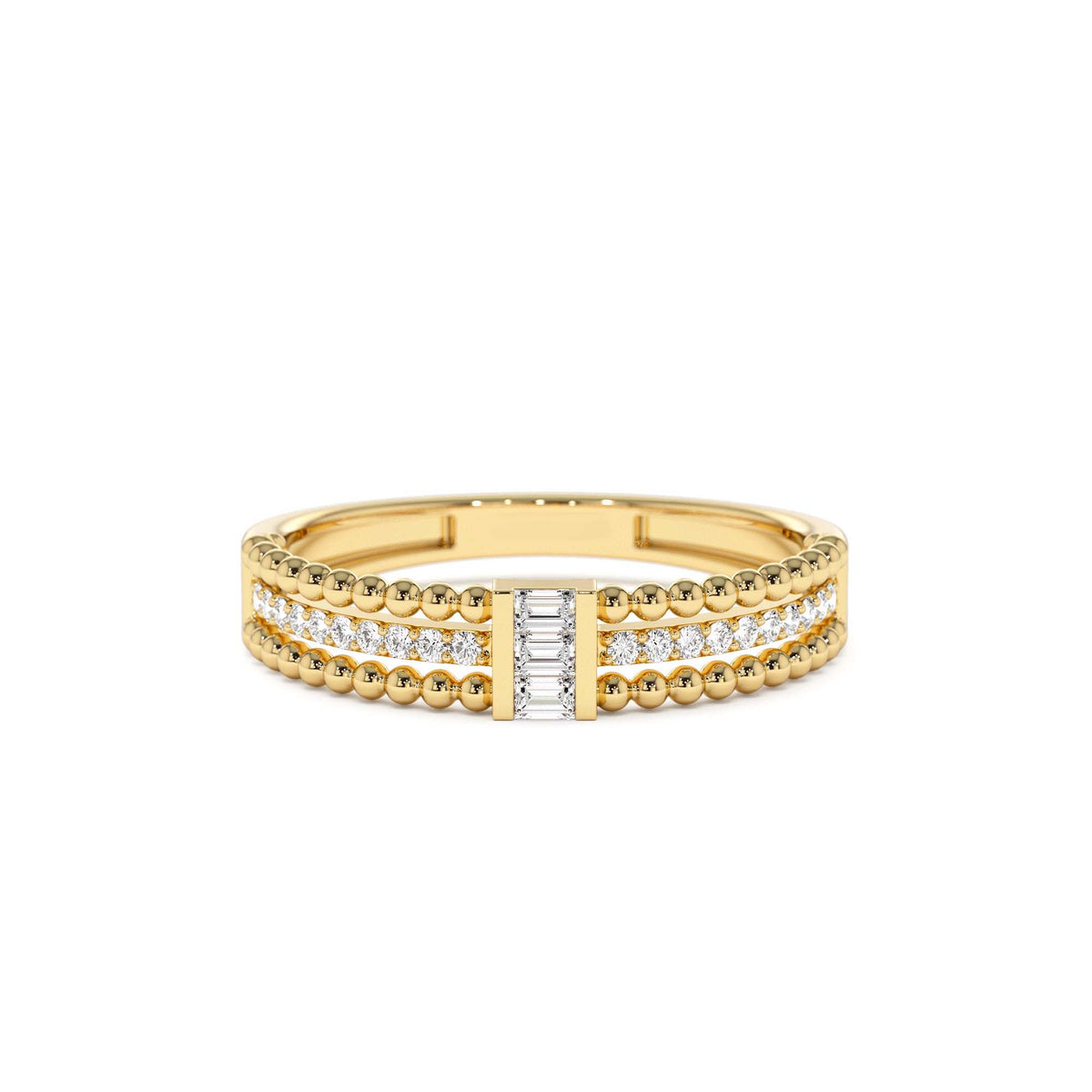 Beaded Baguette and Round Diamond Ring in 14K Gold — view 1