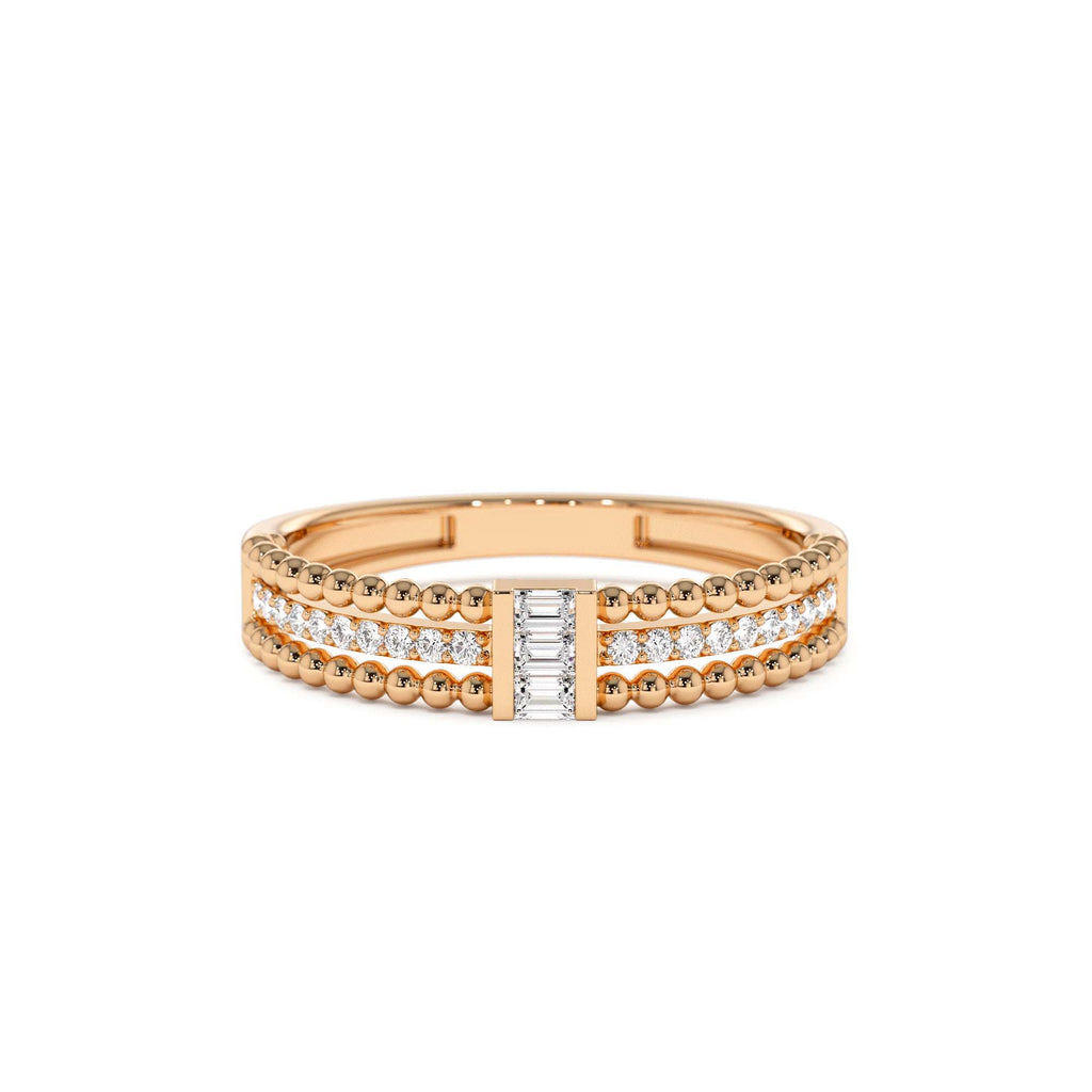 Beaded Baguette and Round Diamond Ring in 14K Gold — view 5