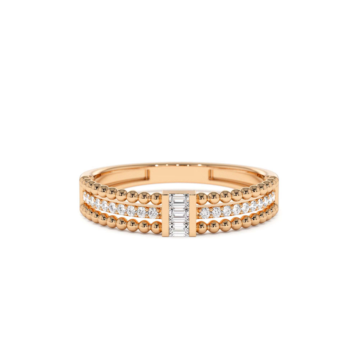 Beaded Baguette and Round Diamond Ring in 14K Gold — view 5