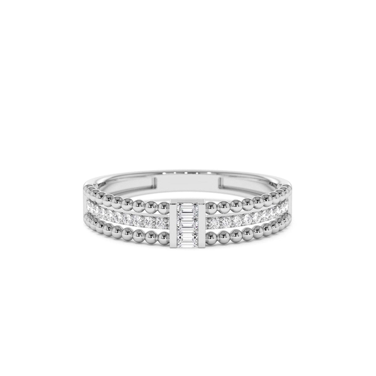 Beaded Baguette and Round Diamond Ring in 14K Gold — view 4
