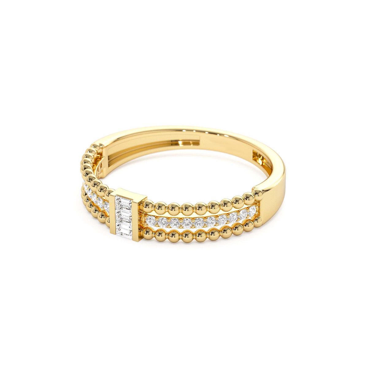 Beaded Baguette and Round Diamond Ring in 14K Gold — view 2