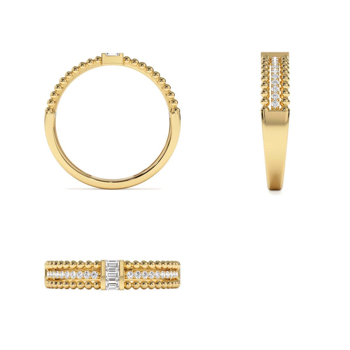 Beaded Baguette and Round Diamond Ring in 14K Gold — view 3