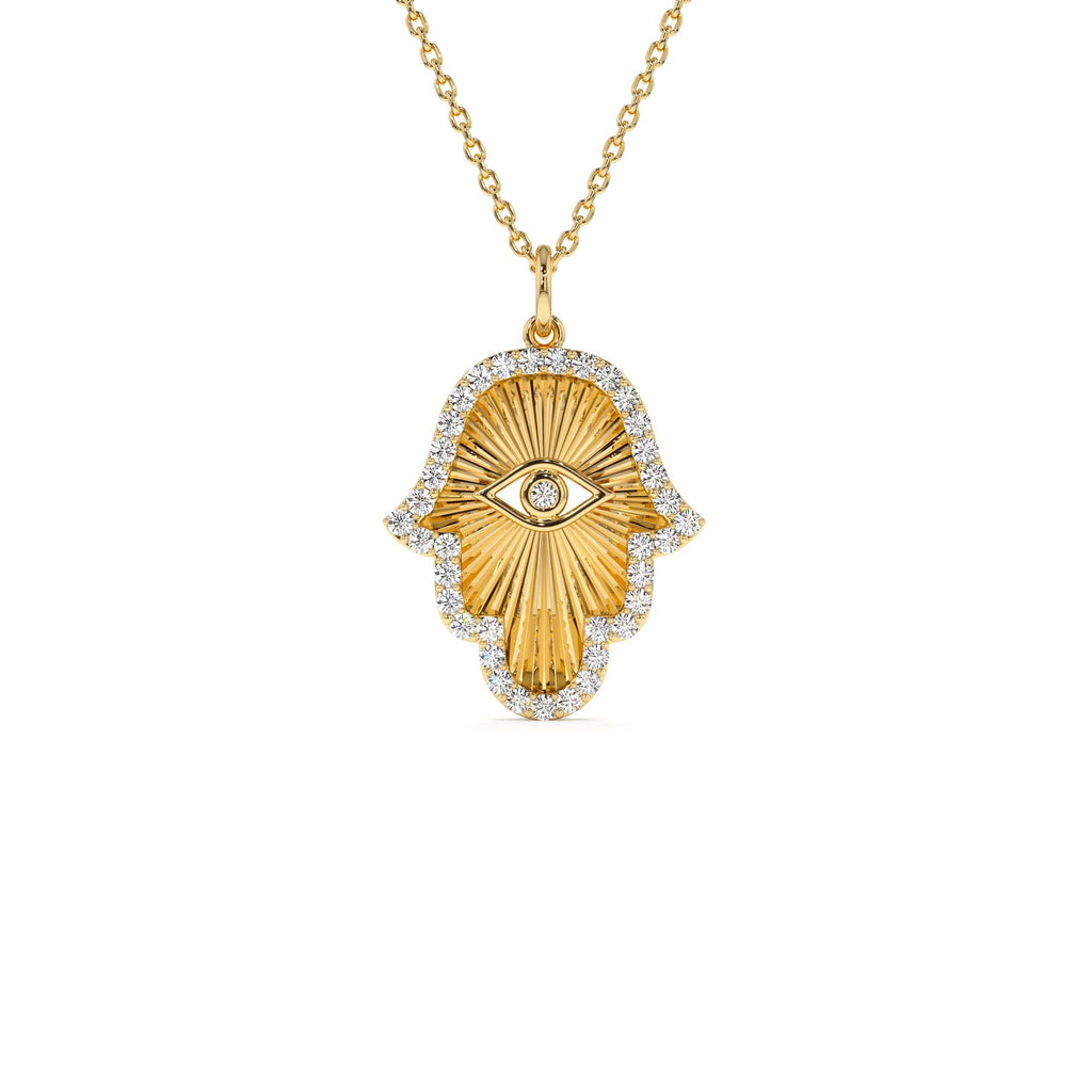 Diamond Hamsa & Evil Eye Hand of Fatima Necklace in 14K Gold — view 1