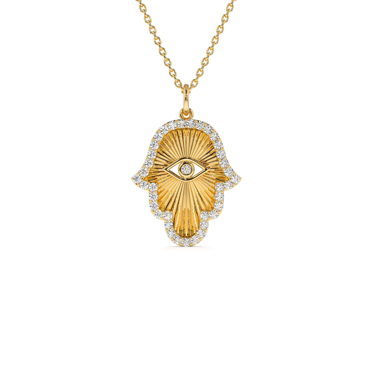 Diamond Hamsa & Evil Eye Hand of Fatima Necklace in 14K Gold — view 1