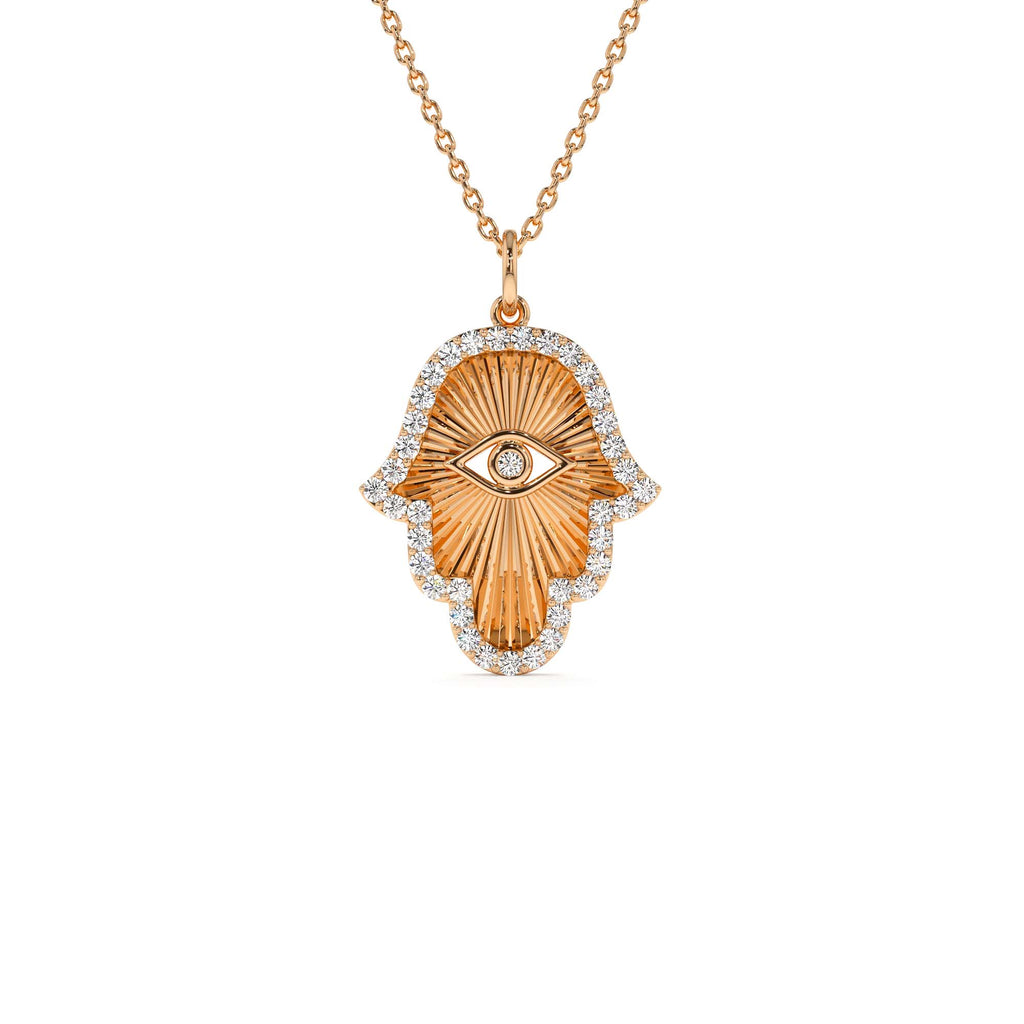 Diamond Hamsa & Evil Eye Hand of Fatima Necklace in 14K Gold — view 3