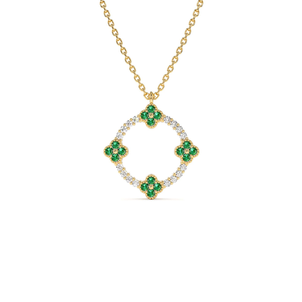 Diamond and Emerald Clover Necklace in 14K Gold — view 1