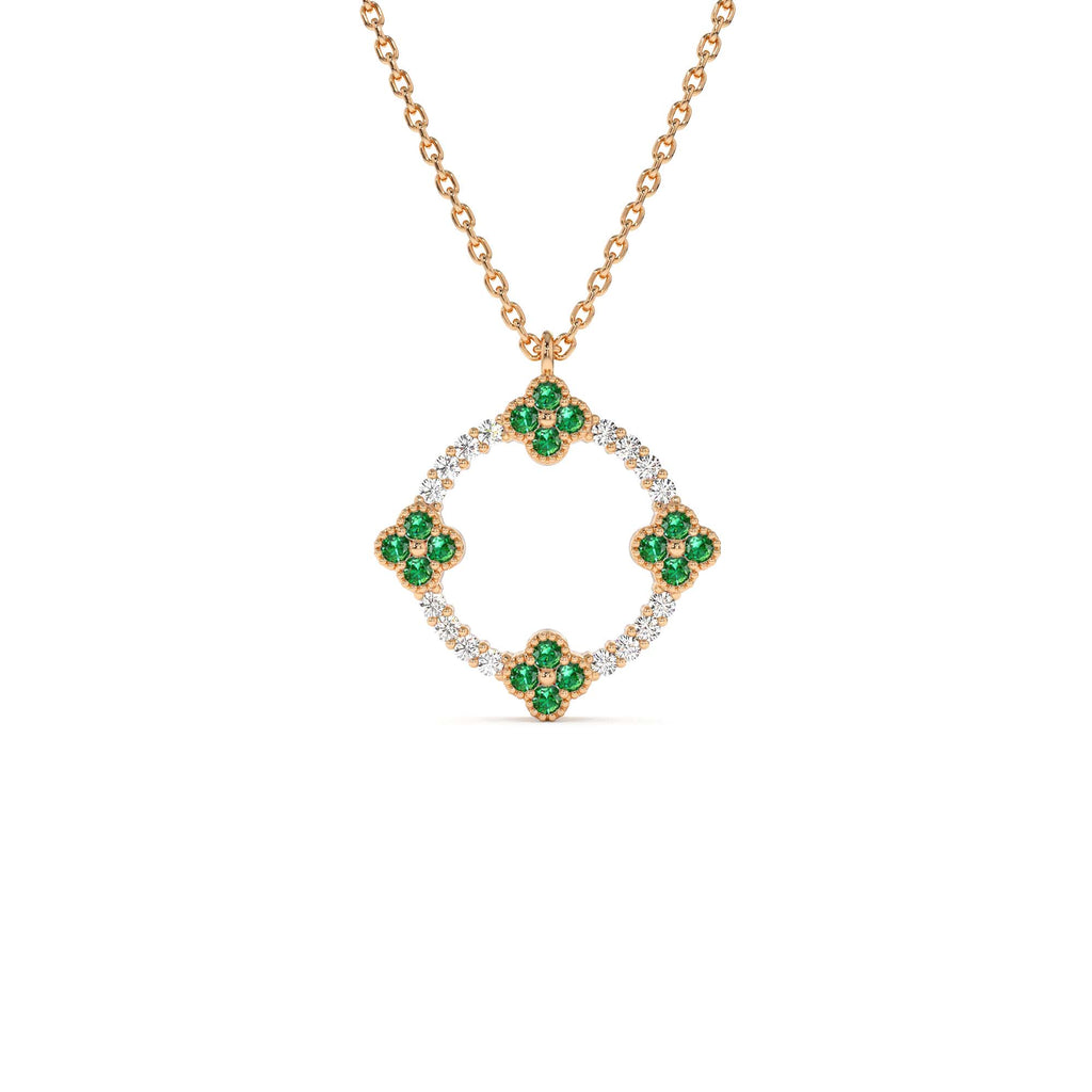 Diamond and Emerald Clover Necklace in 14K Gold — view 3