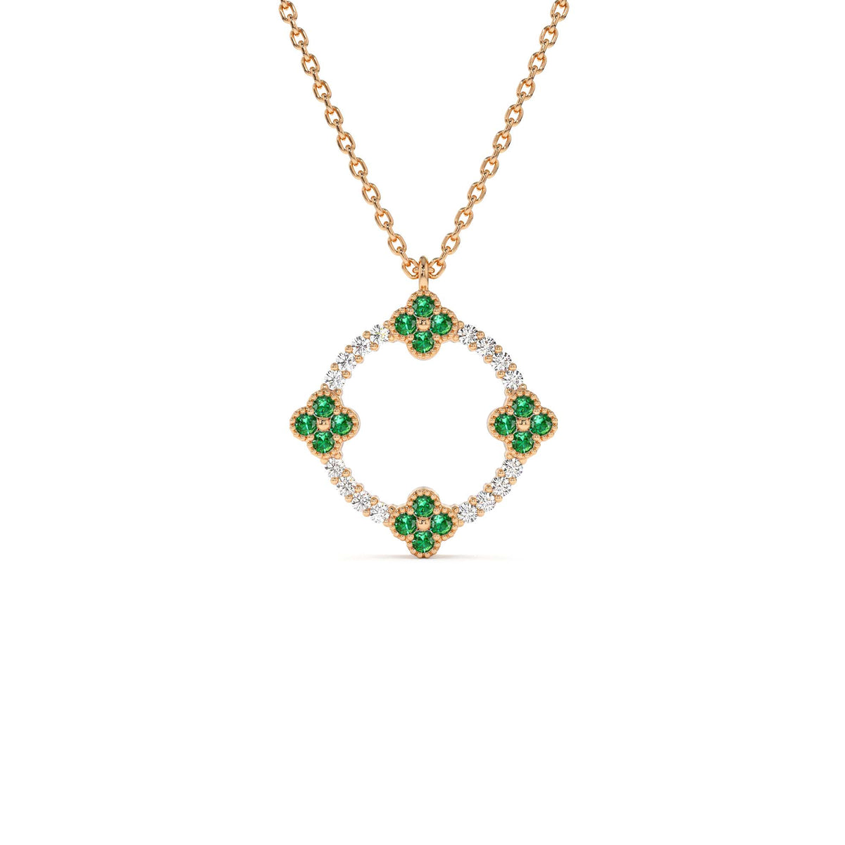Diamond and Emerald Clover Necklace in 14K Gold — view 3