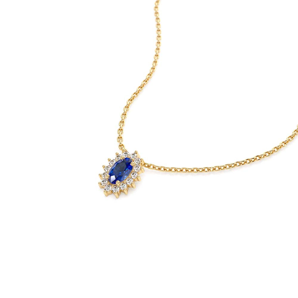 Sapphire Necklace with Halo Diamonds Necklace in 14K Gold — view 2