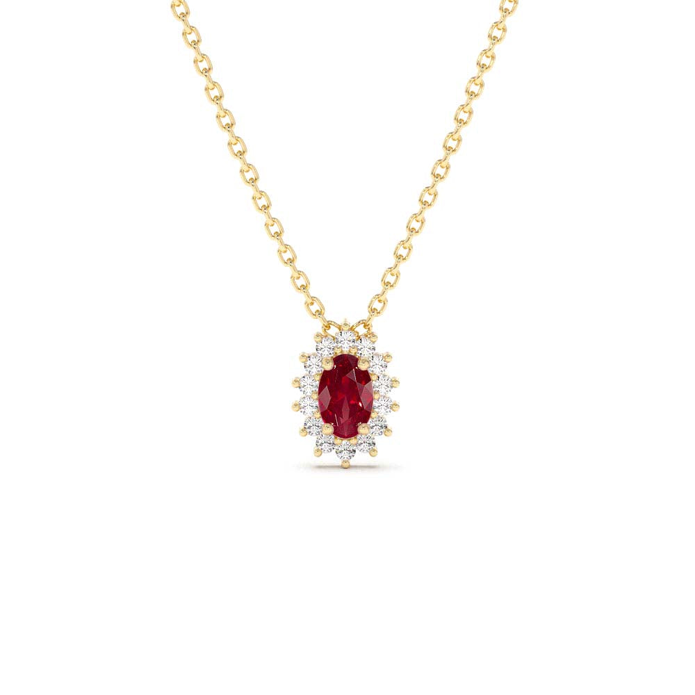 Ruby Necklace with Halo Diamonds in 14K Gold — view 1