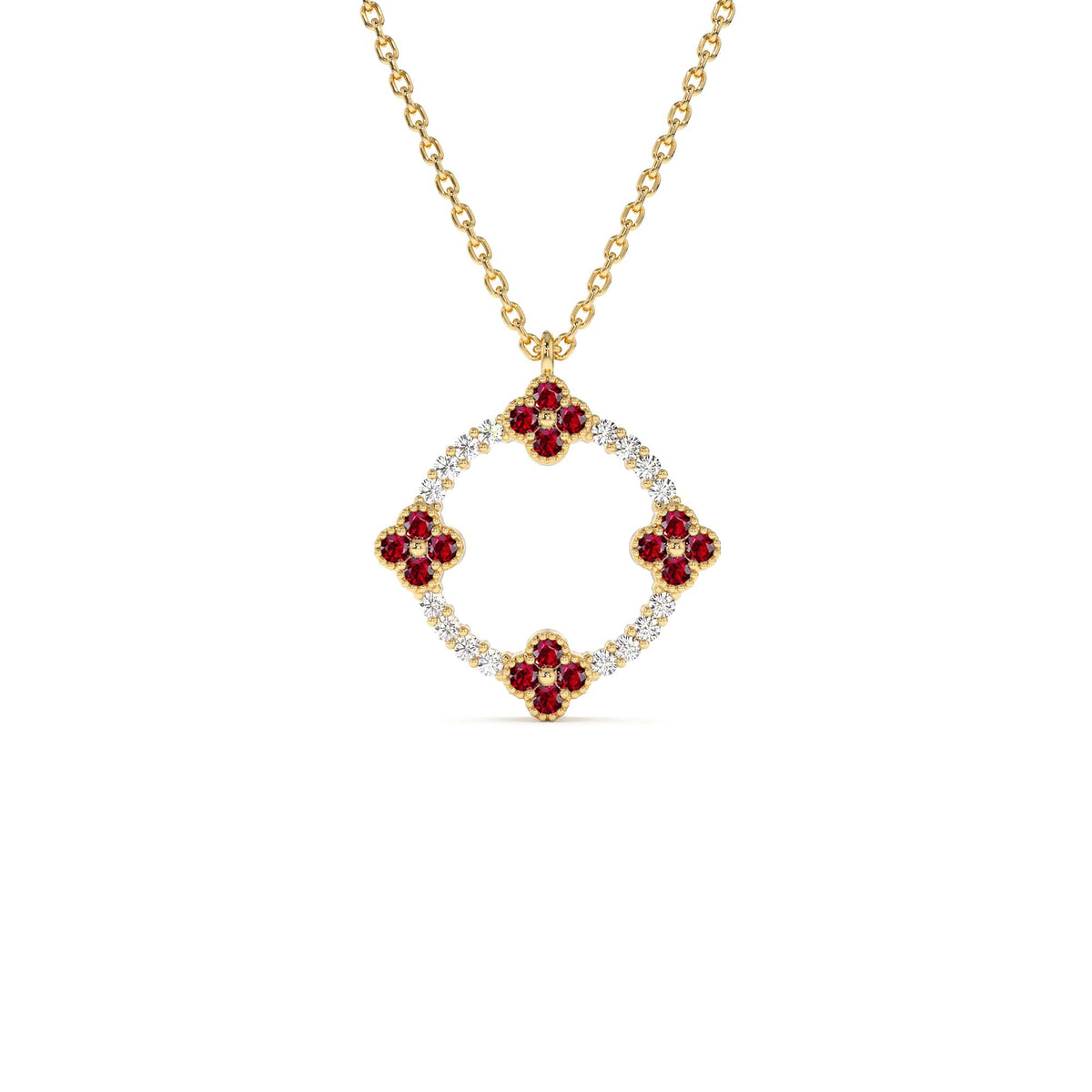 Diamond and Ruby Clover Necklace in 14K Gold — view 1
