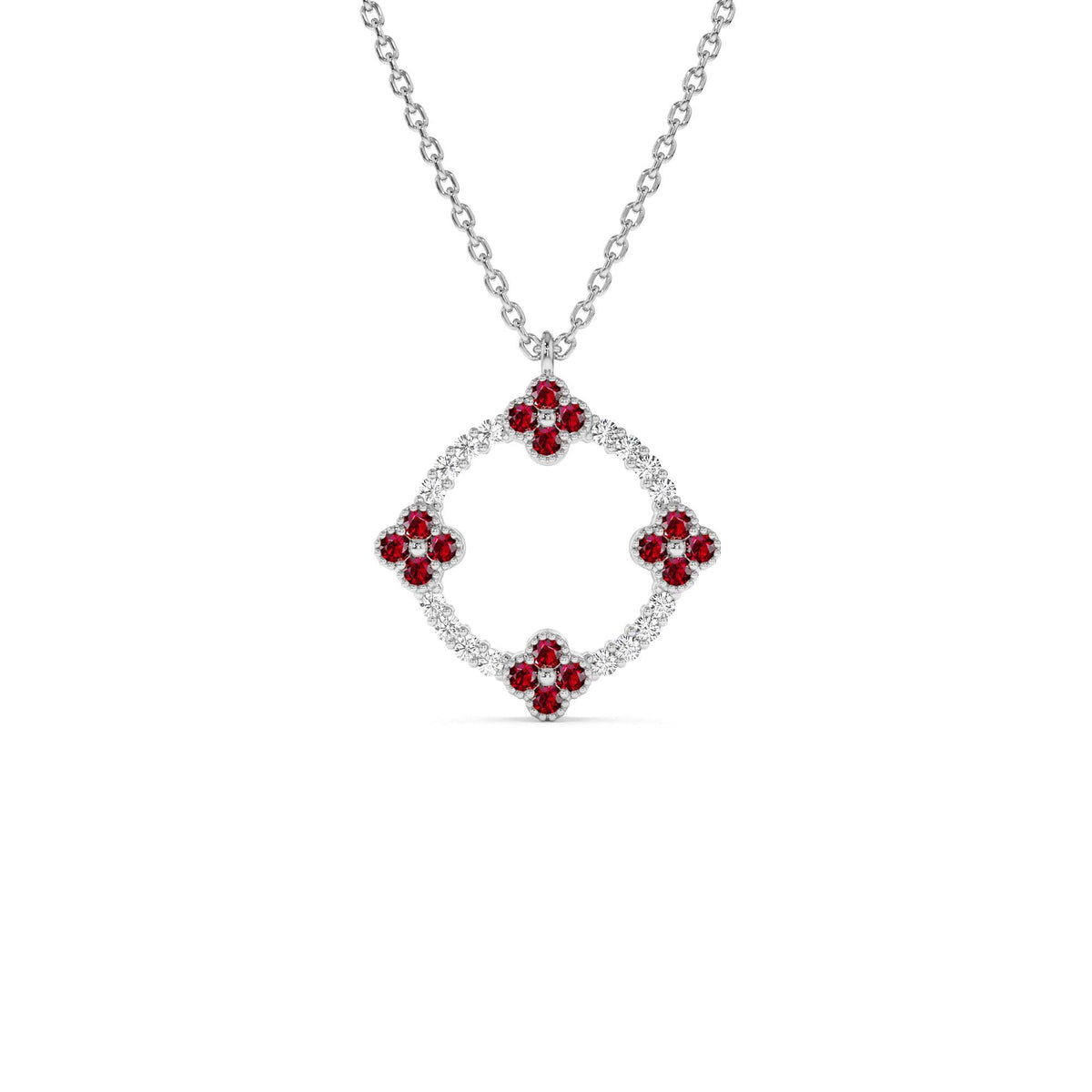 Diamond and Ruby Clover Necklace in 14K Gold — view 2