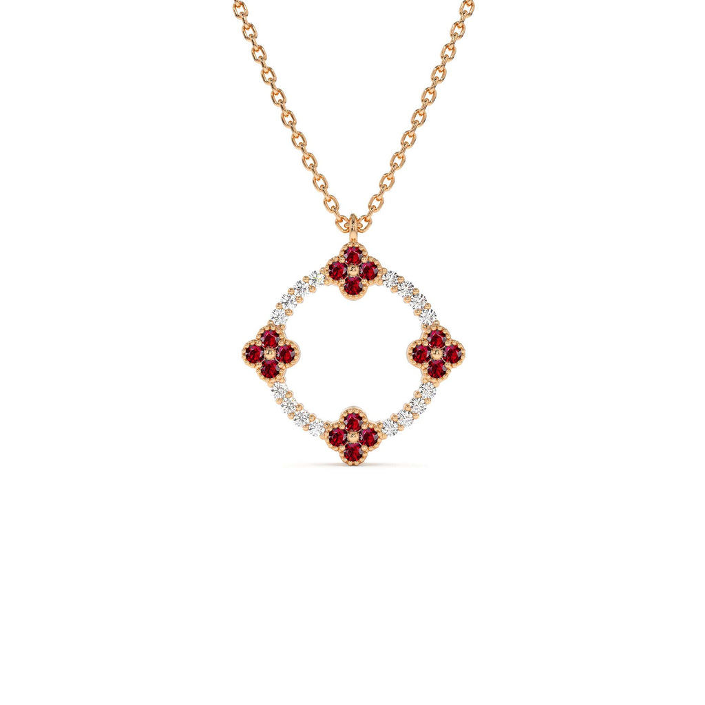 Diamond and Ruby Clover Necklace in 14K Gold — view 3