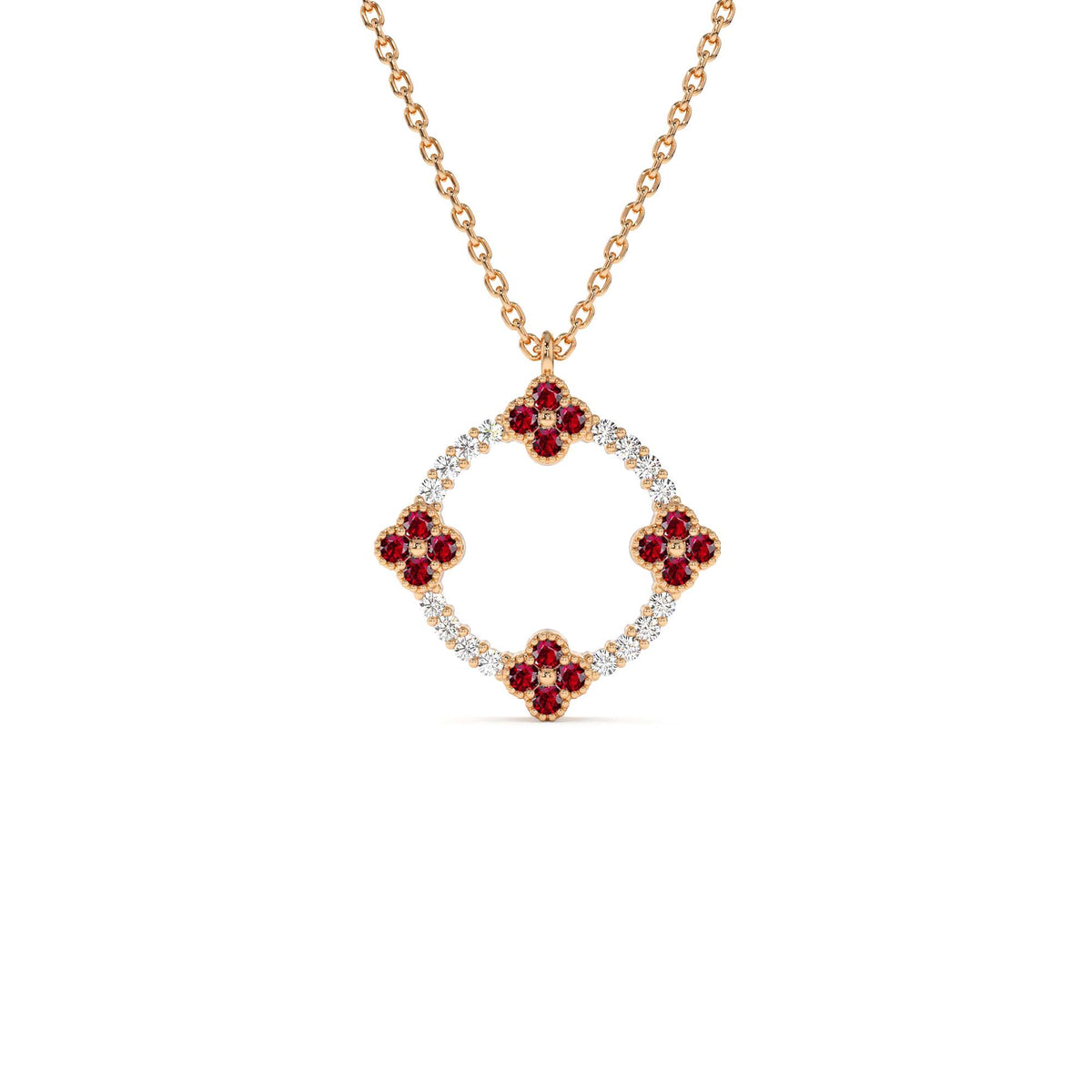 Diamond and Ruby Clover Necklace in 14K Gold — view 3