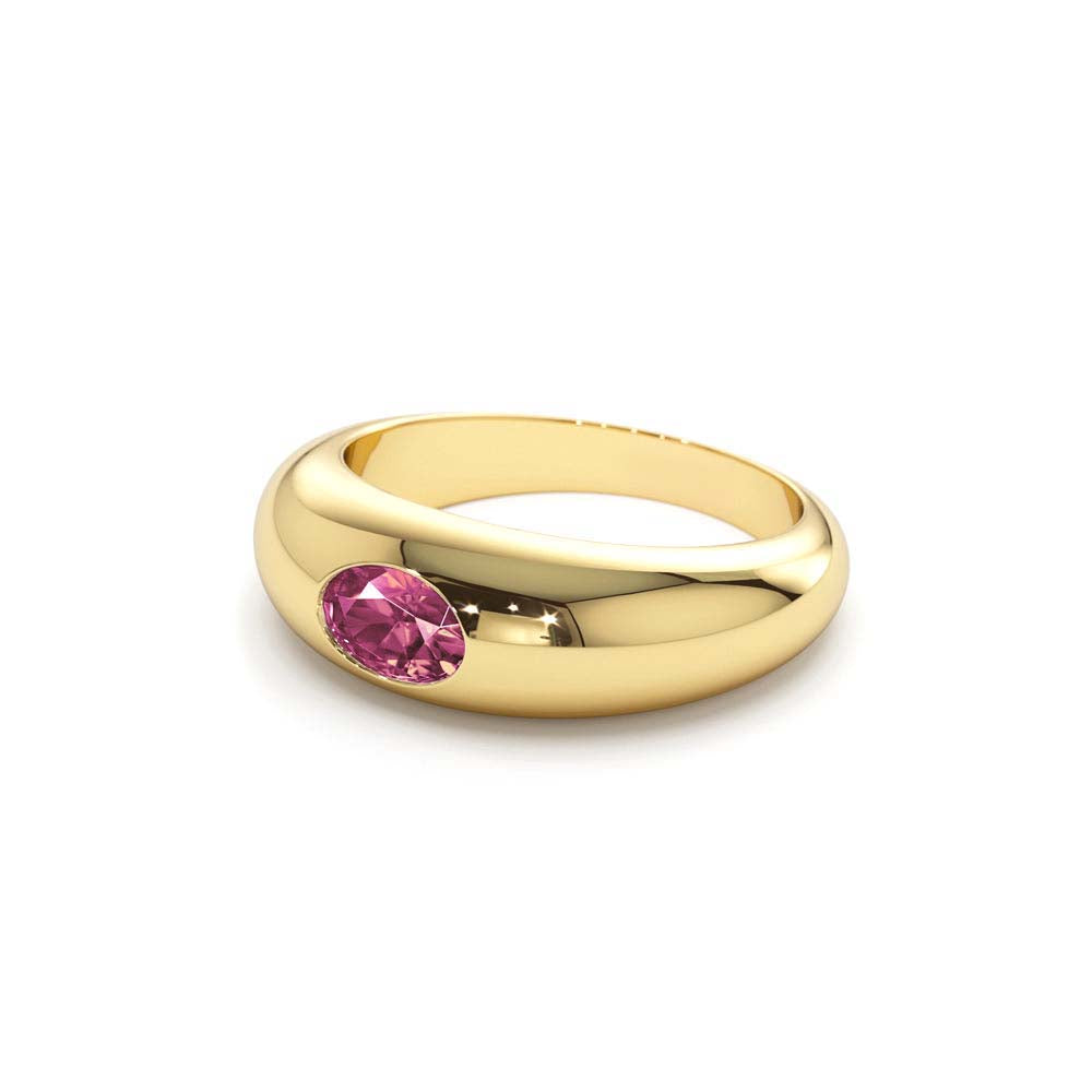 Flush Set Oval Pink Sapphire Dome Ring in 14K Gold — view 2