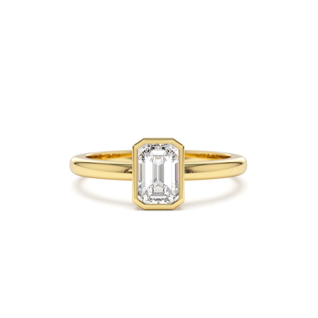 0.75 - 1.50 CTW Bezel Setting Emerald Cut Lab-Grown Diamond Engagement Ring in 14K Gold — view 1