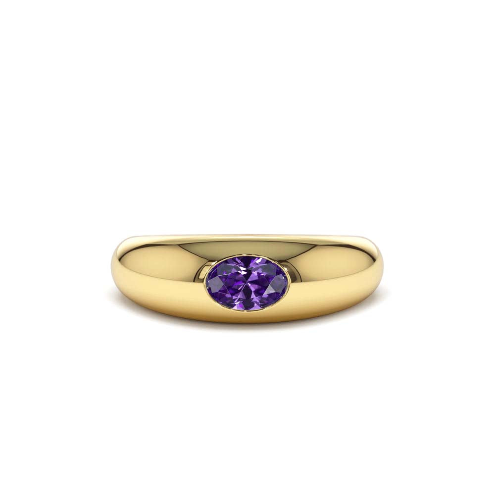 Flush Set Oval Amethyst Dome Ring in 14K Gold — view 1