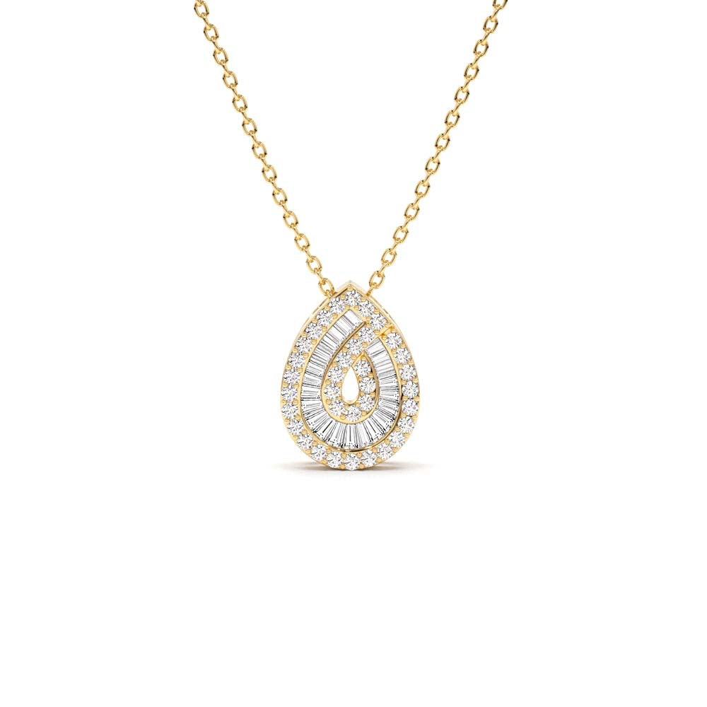 Teardrop Shape Baguette and Round Diamond Statement Necklace in 14K Gold — view 1