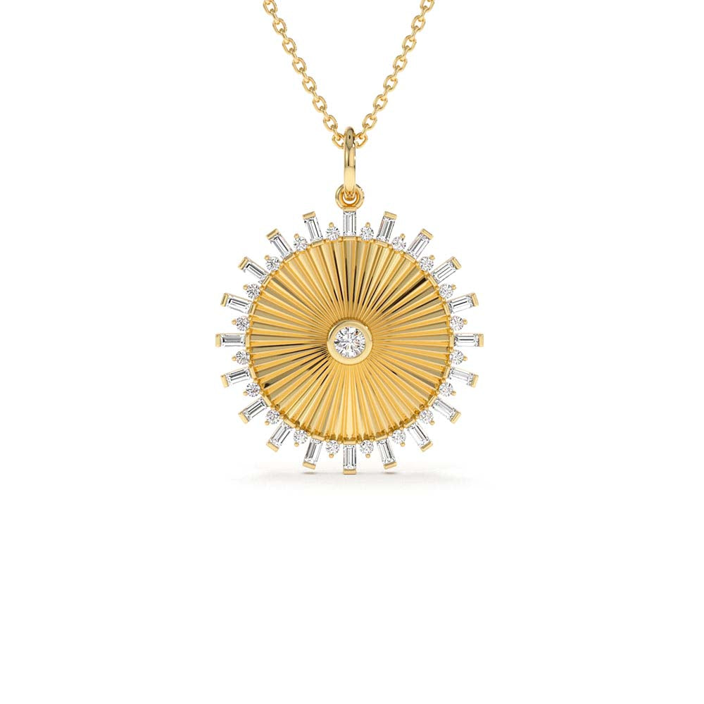 Baguette and Round Diamond Disc Ray Necklace in 14K Gold — view 1