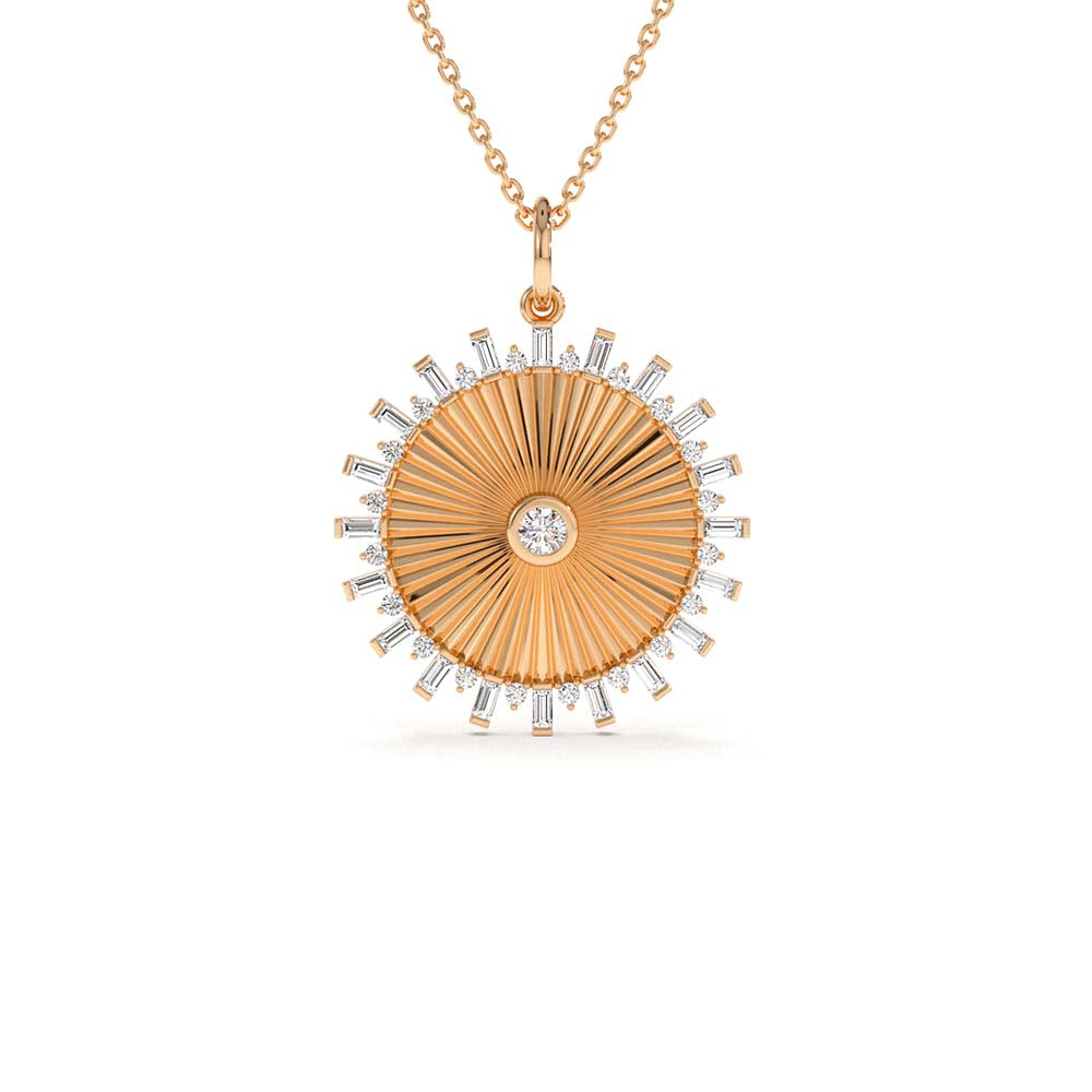 Baguette and Round Diamond Disc Ray Necklace in 14K Gold — view 4
