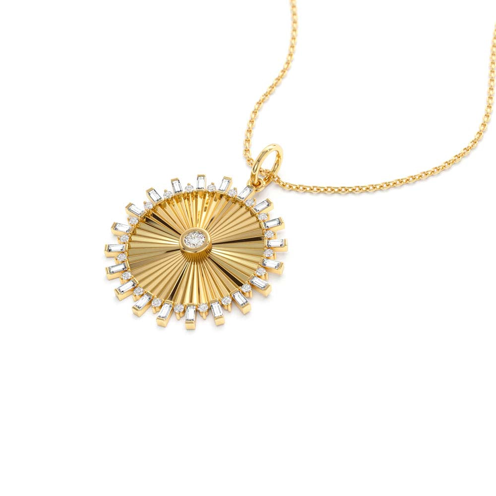 Baguette and Round Diamond Disc Ray Necklace in 14K Gold — view 2