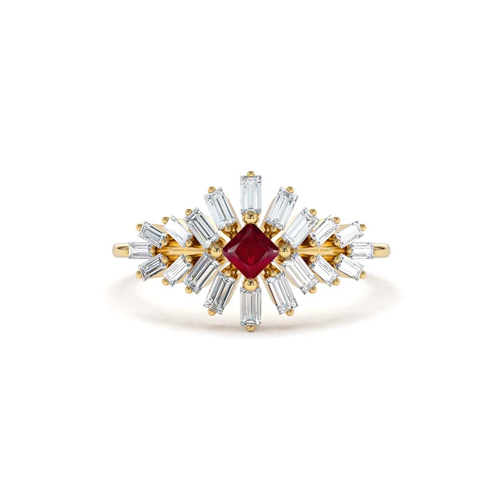 Baguette Diamond Ring with a Square Ruby in 14K Gold — view 1