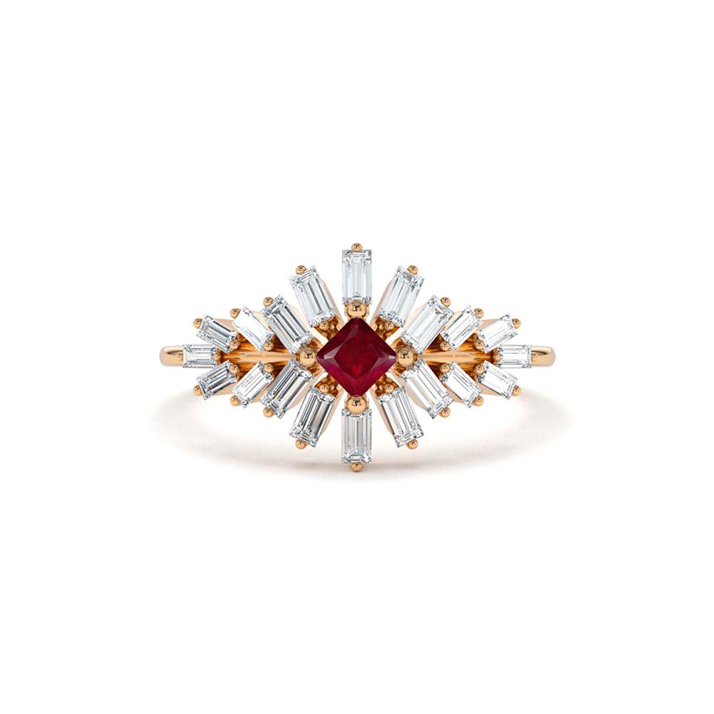 Baguette Diamond Ring with a Square Ruby in 14K Gold — view 5