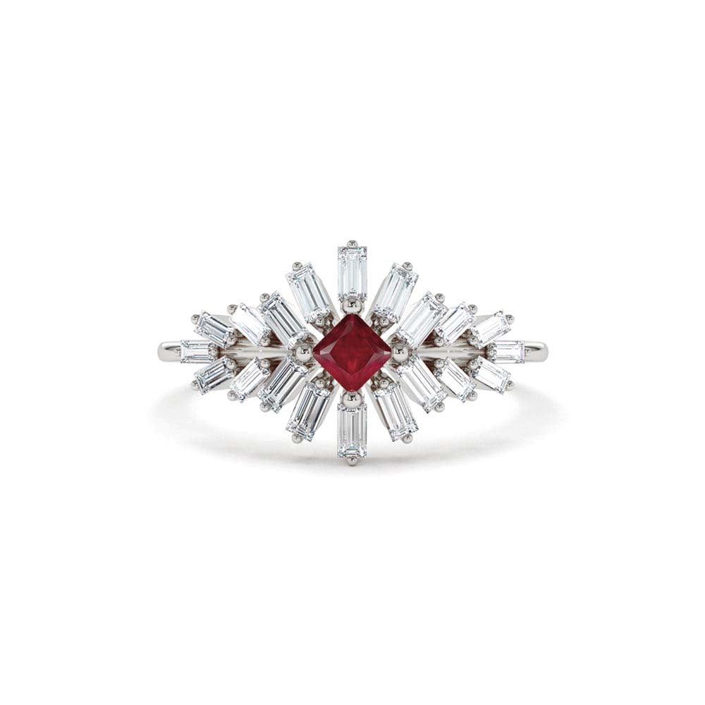 Baguette Diamond Ring with a Square Ruby in 14K Gold — view 4