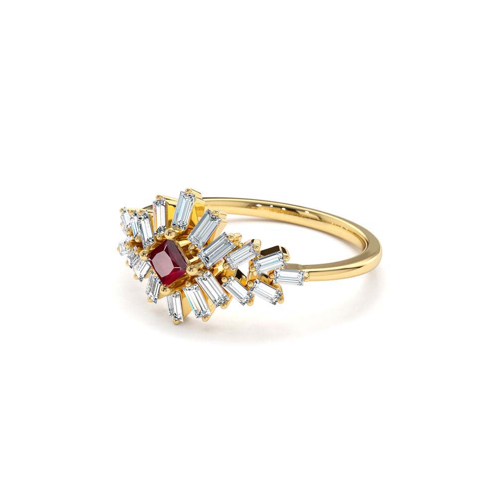 Baguette Diamond Ring with a Square Ruby in 14K Gold — view 2
