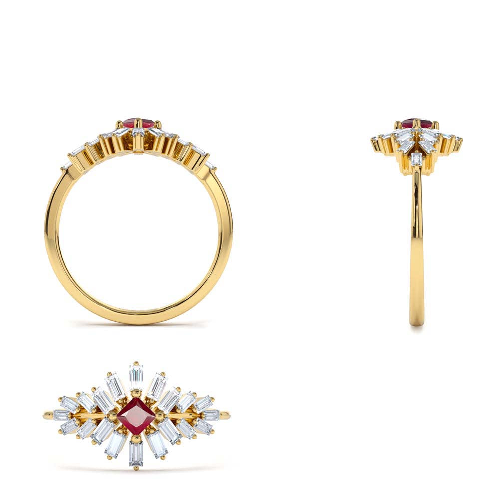 Baguette Diamond Ring with a Square Ruby in 14K Gold — view 3