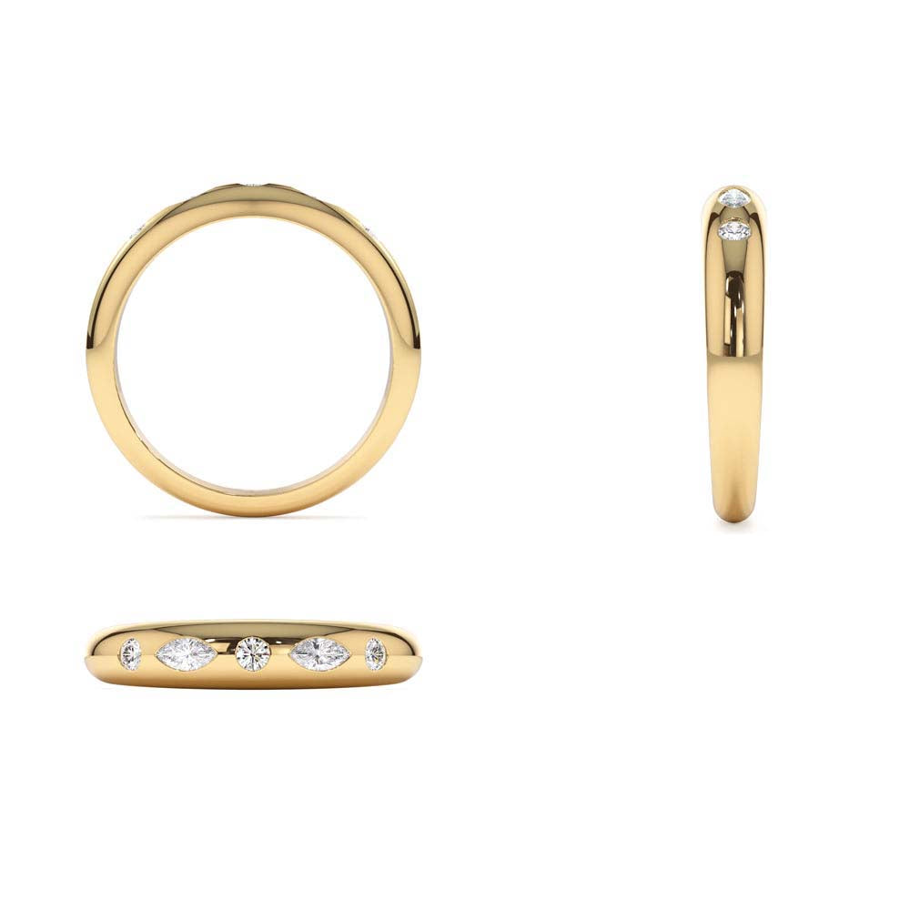 Dome Marquise and Round Diamonds Flush Setting Ring in 14K Gold — view 3