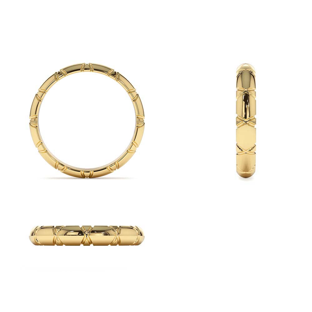 3MM Unique X Cut Design Gold Wedding Ring in 14K Gold — view 3