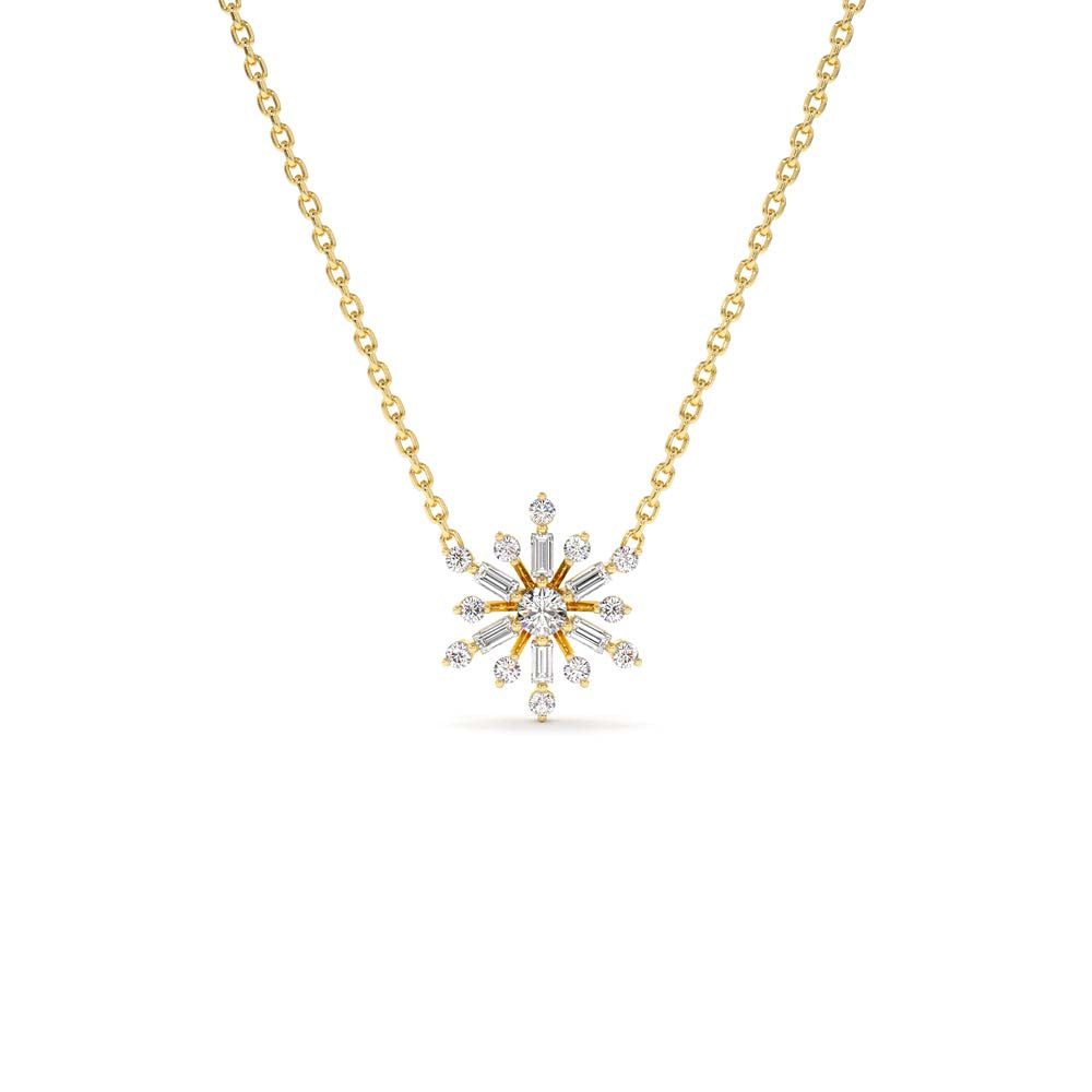 Baguette and Round Diamond Snowflake Necklace in 14K Gold — view 1