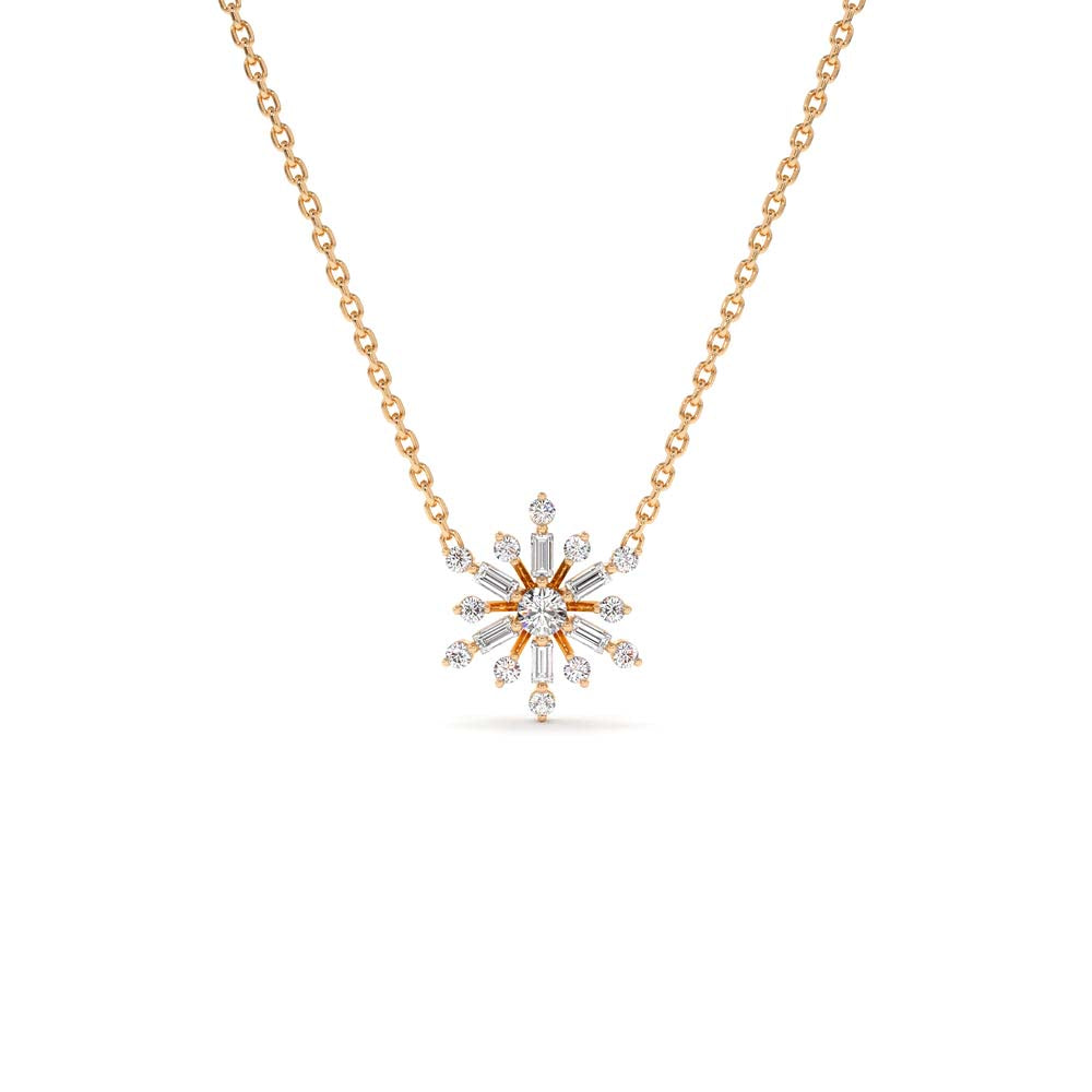 Baguette and Round Diamond Snowflake Necklace in 14K Gold — view 4