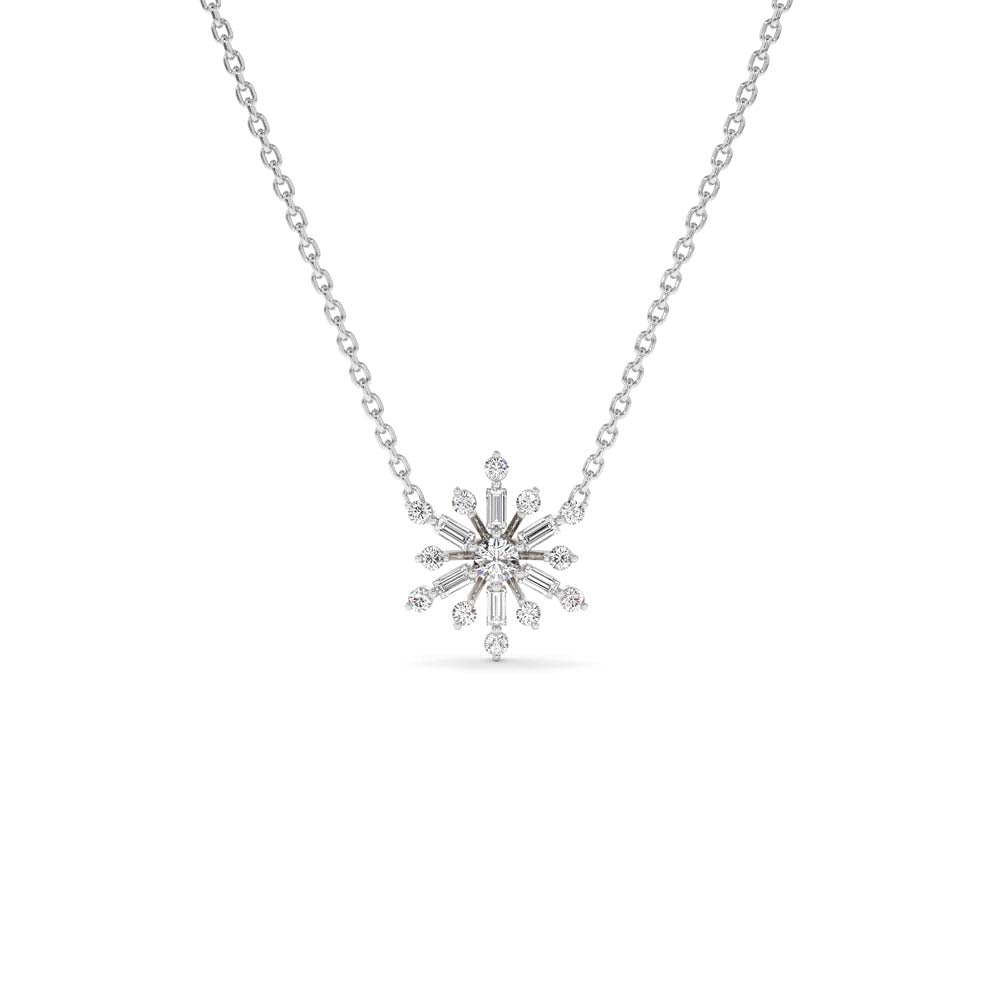 Baguette and Round Diamond Snowflake Necklace in 14K Gold — view 3