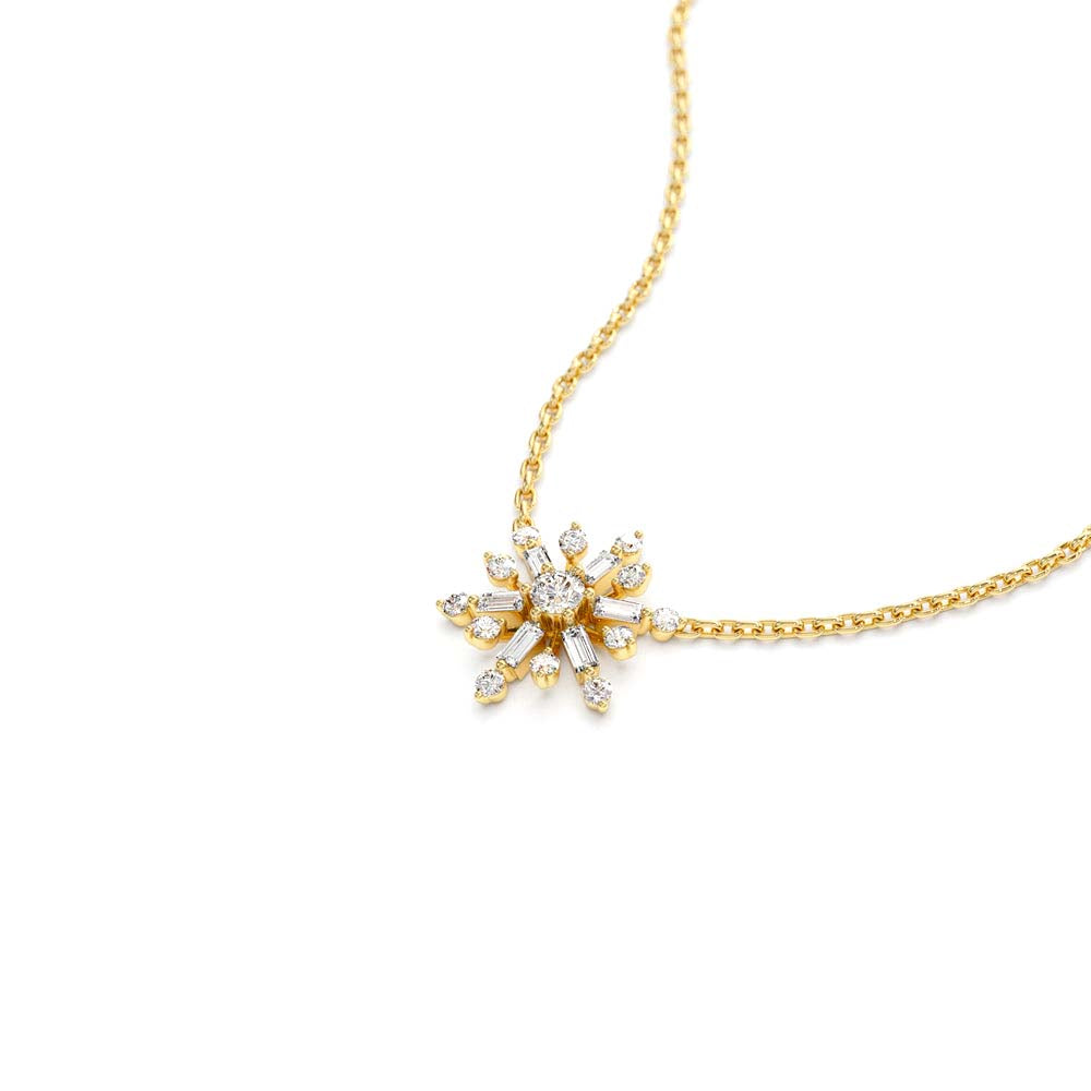 Baguette and Round Diamond Snowflake Necklace in 14K Gold — view 2