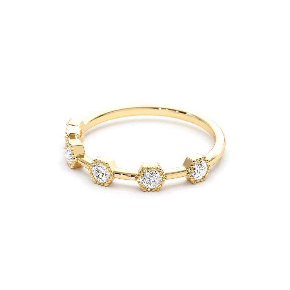 Hexagon Milgrain Setting Five Stone Diamond Ring in 14K Gold — view 2