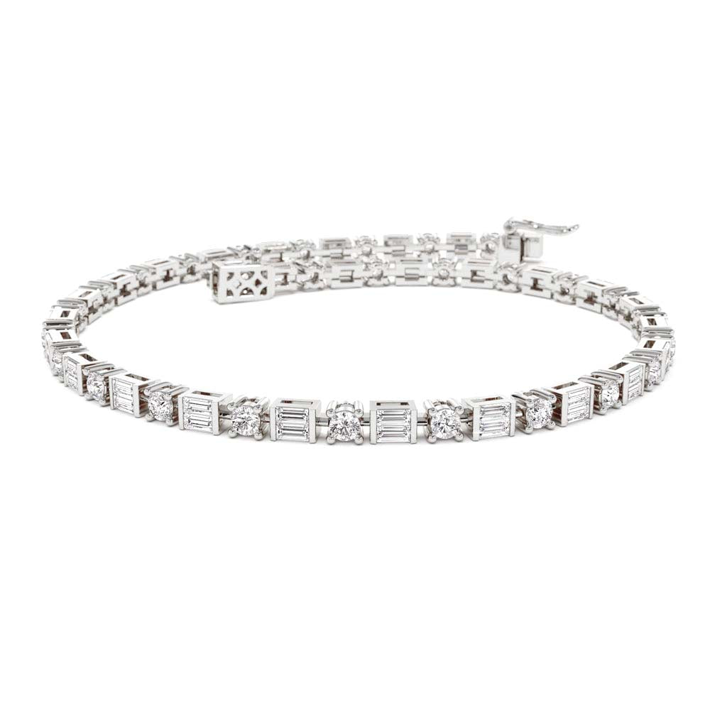 Baguette & Round Natural Diamond Tennis Bracelet in 14K Gold — view 3