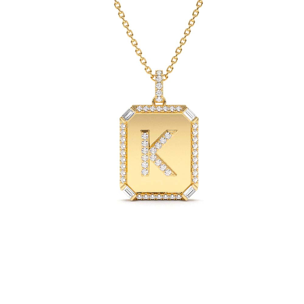 Baguette and Round Diamond Tag Initial Necklace in 14K Gold — view 1
