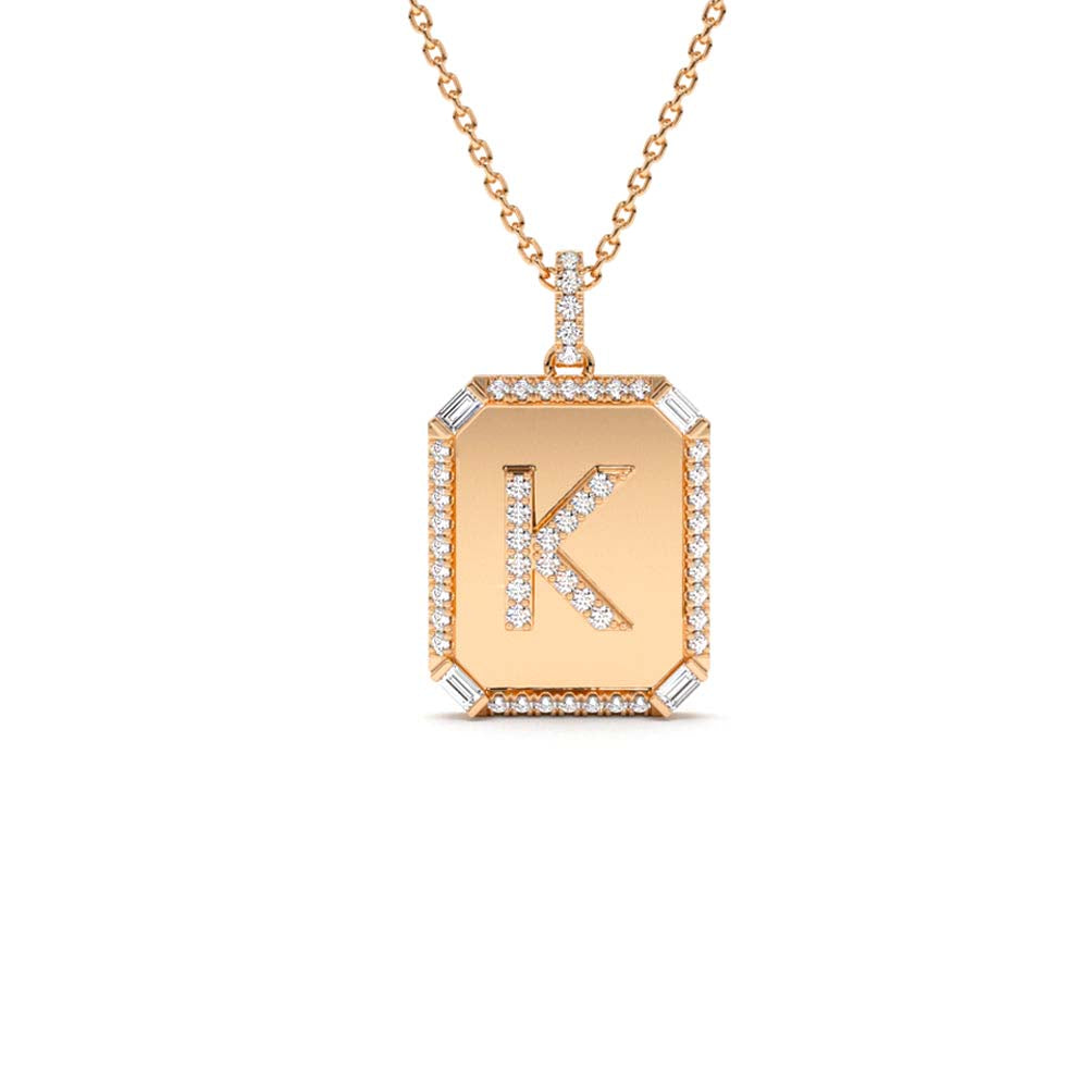 Baguette and Round Diamond Tag Initial Necklace in 14K Gold — view 4