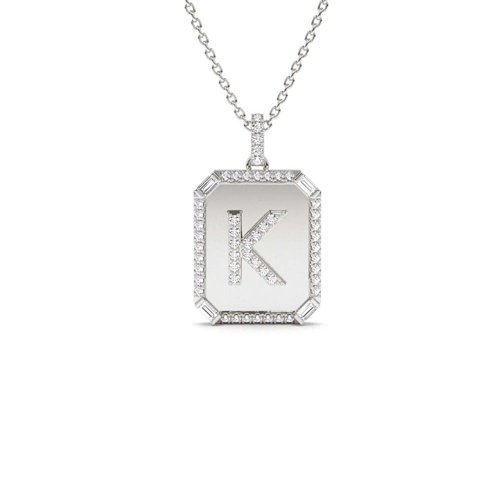 Baguette and Round Diamond Tag Initial Necklace in 14K Gold — view 3