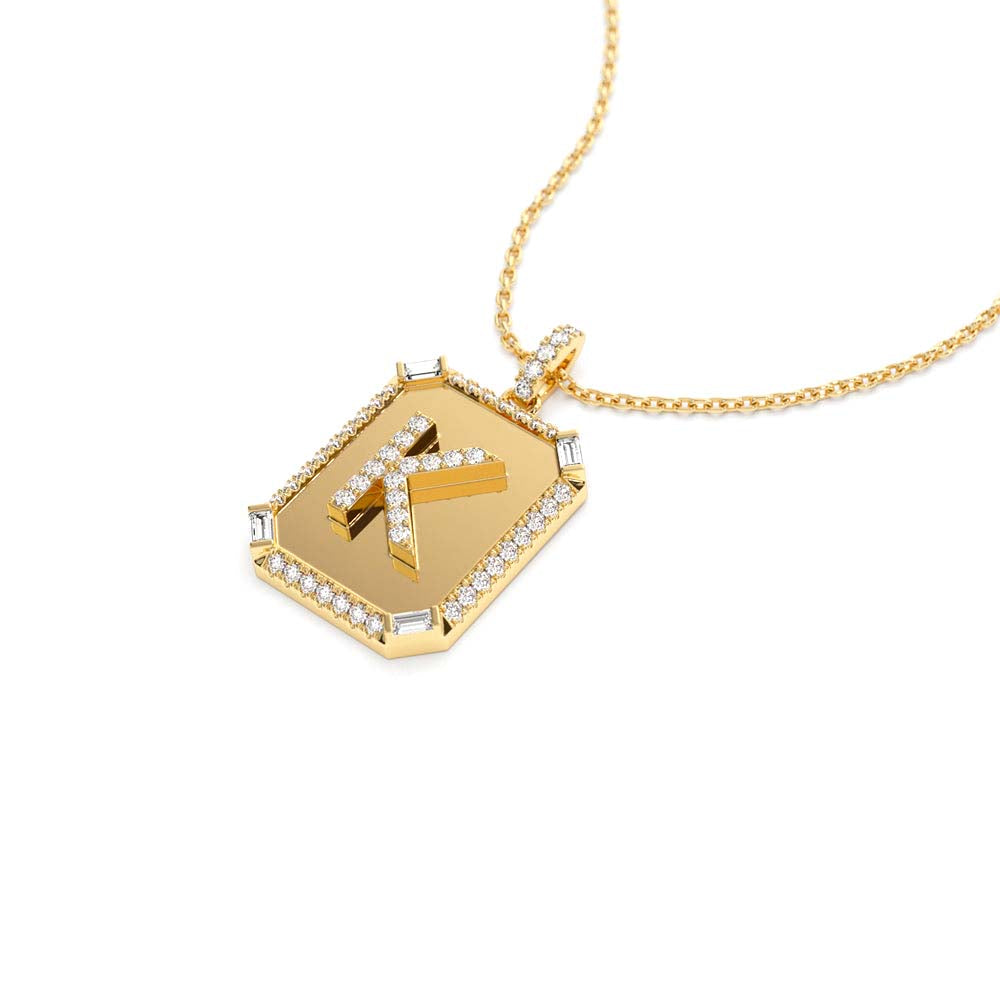 Baguette and Round Diamond Tag Initial Necklace in 14K Gold — view 2