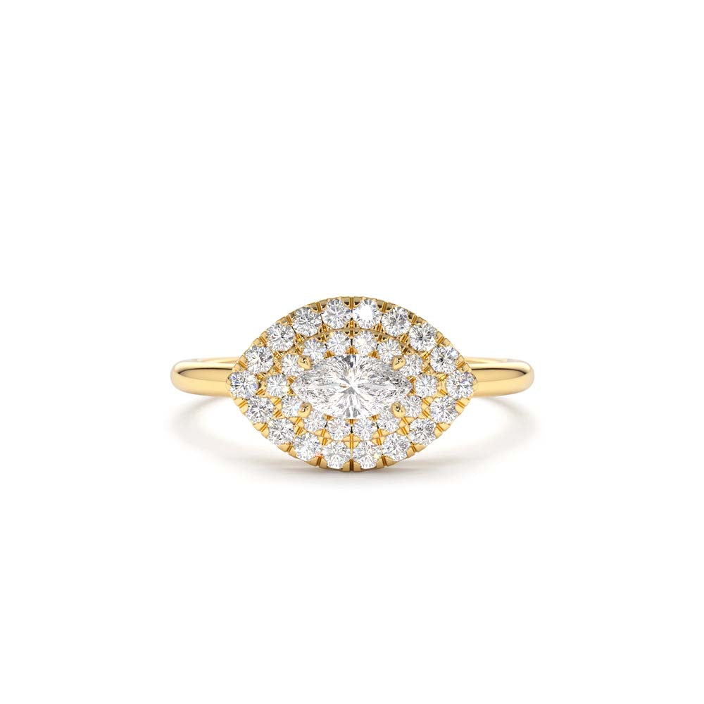 East to West Double Halo Marquise Diamond Ring in 14K Gold — view 1