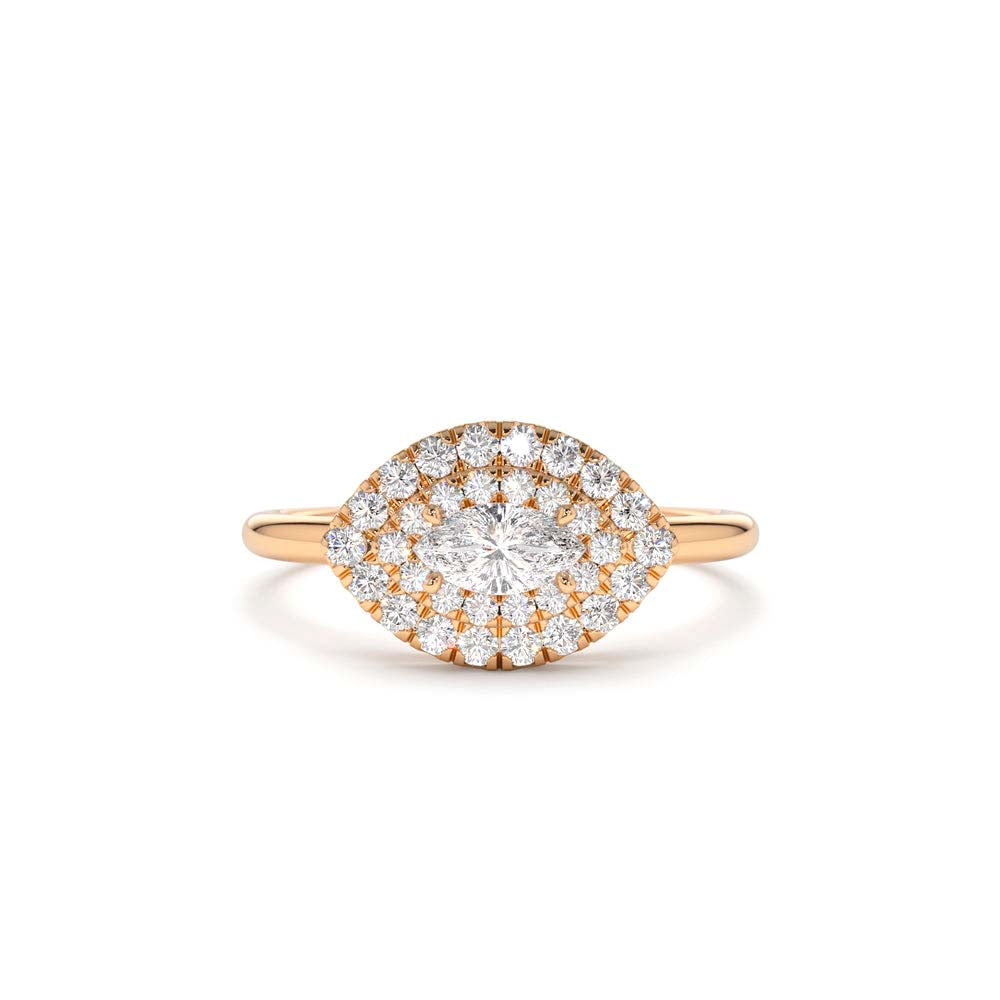 East to West Double Halo Marquise Diamond Ring in 14K Gold — view 5