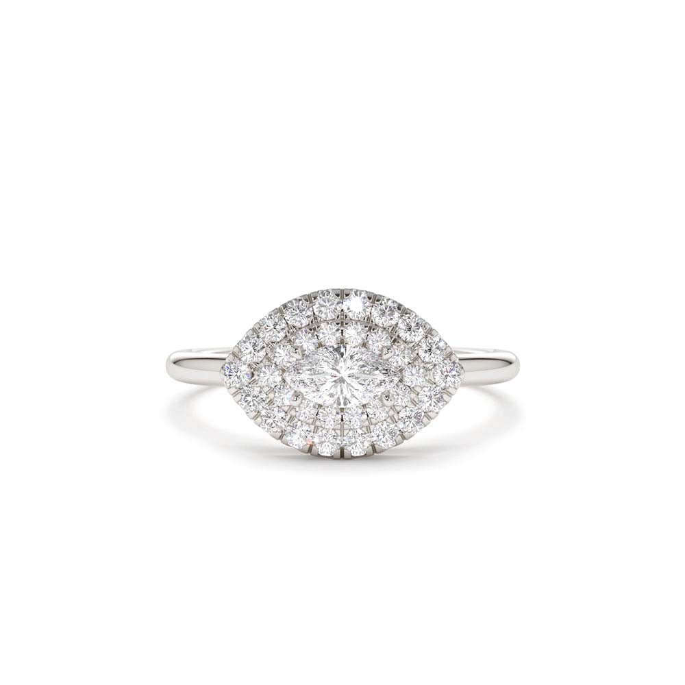 East to West Double Halo Marquise Diamond Ring in 14K Gold — view 4
