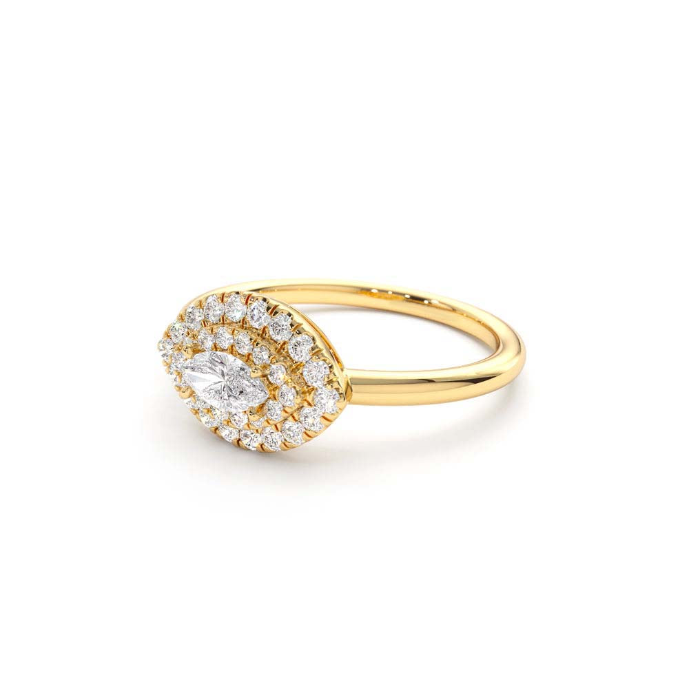 East to West Double Halo Marquise Diamond Ring in 14K Gold — view 2