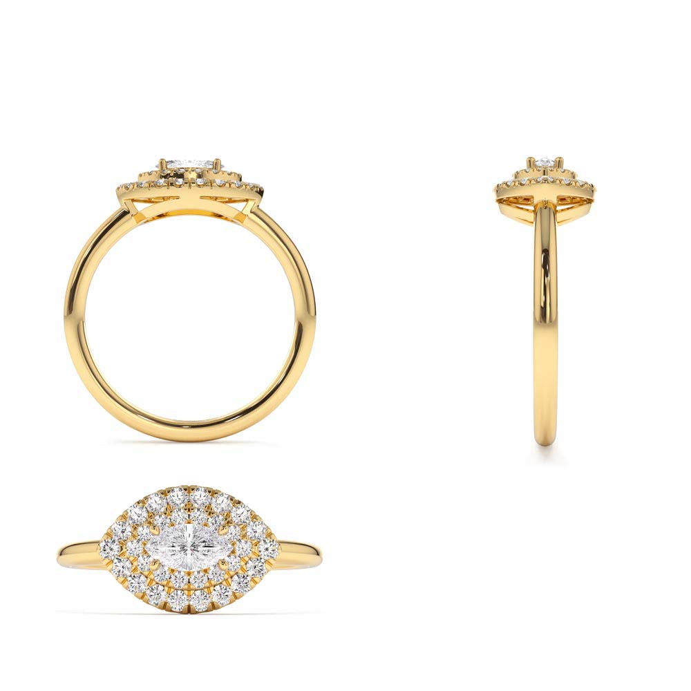 East to West Double Halo Marquise Diamond Ring in 14K Gold — view 3