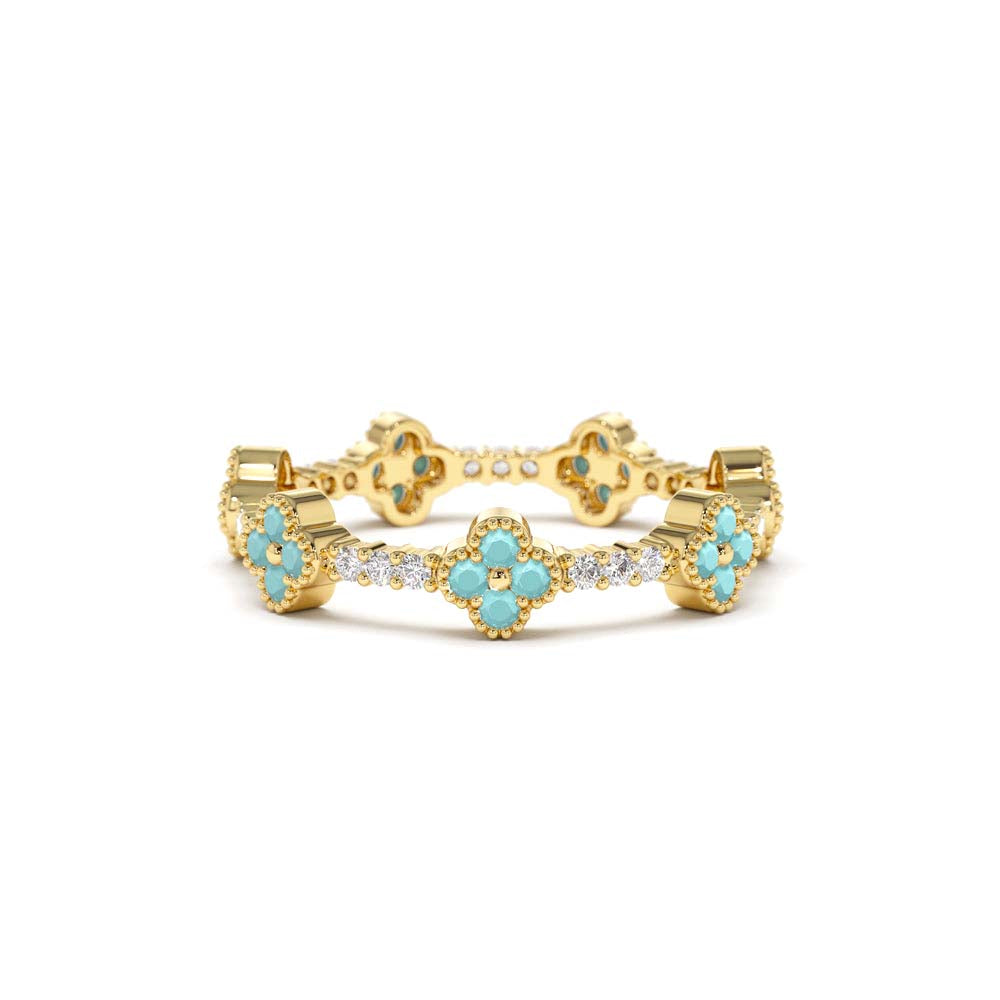 Full Eternity Clover Turquoise and Diamond Ring in 14K Gold — view 1