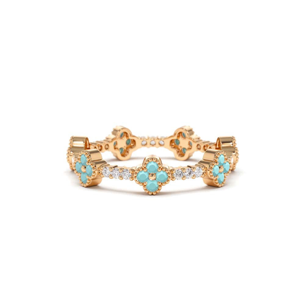 Full Eternity Clover Turquoise and Diamond Ring in 14K Gold — view 5